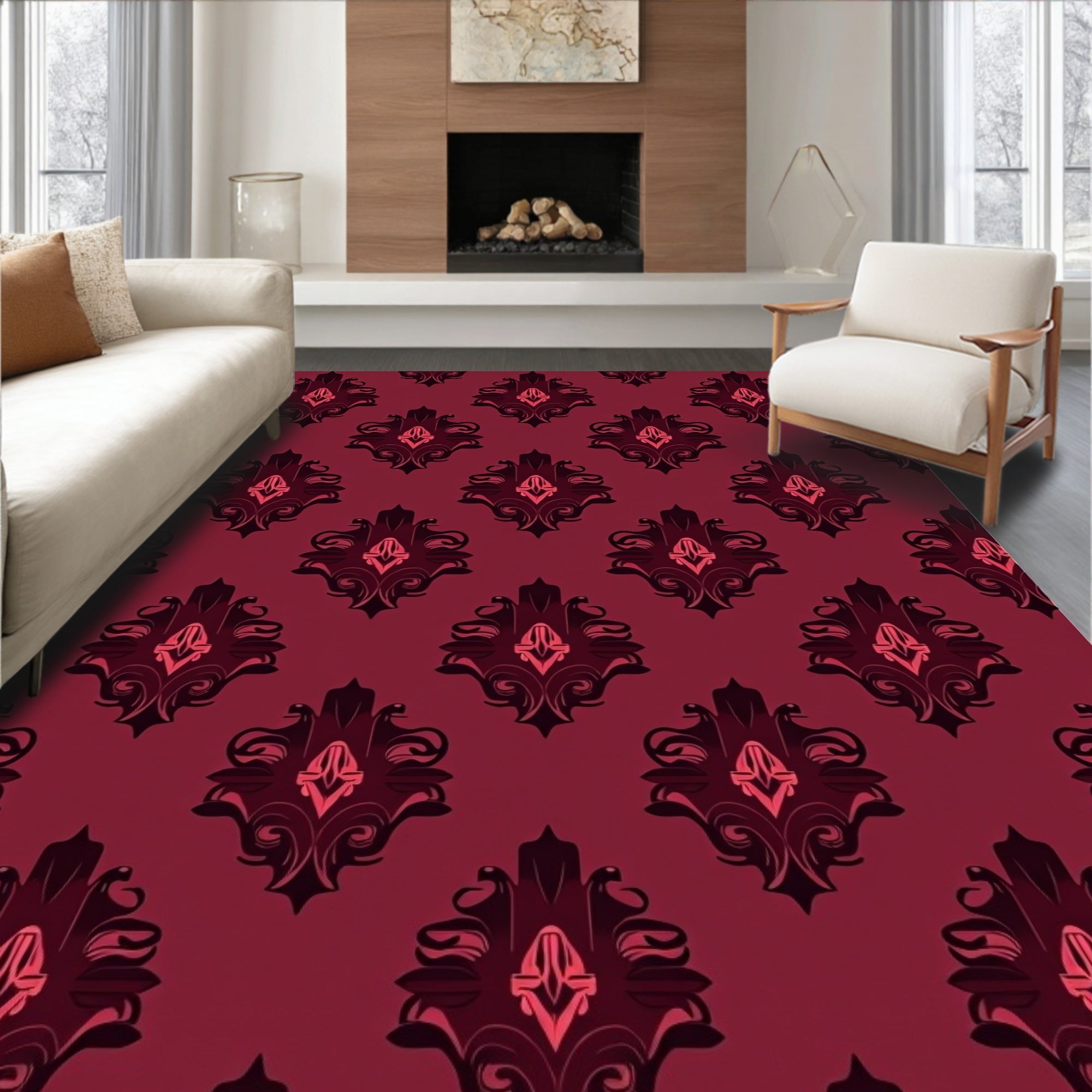 Crimson Damask Medallion Repetitive Design Rug