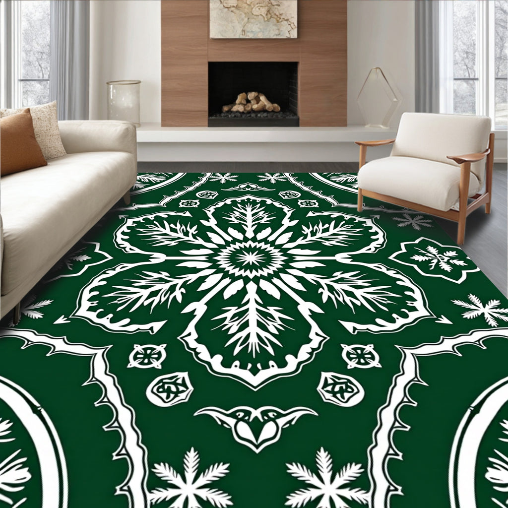 Deep Forest Green Floral Medallion Rug