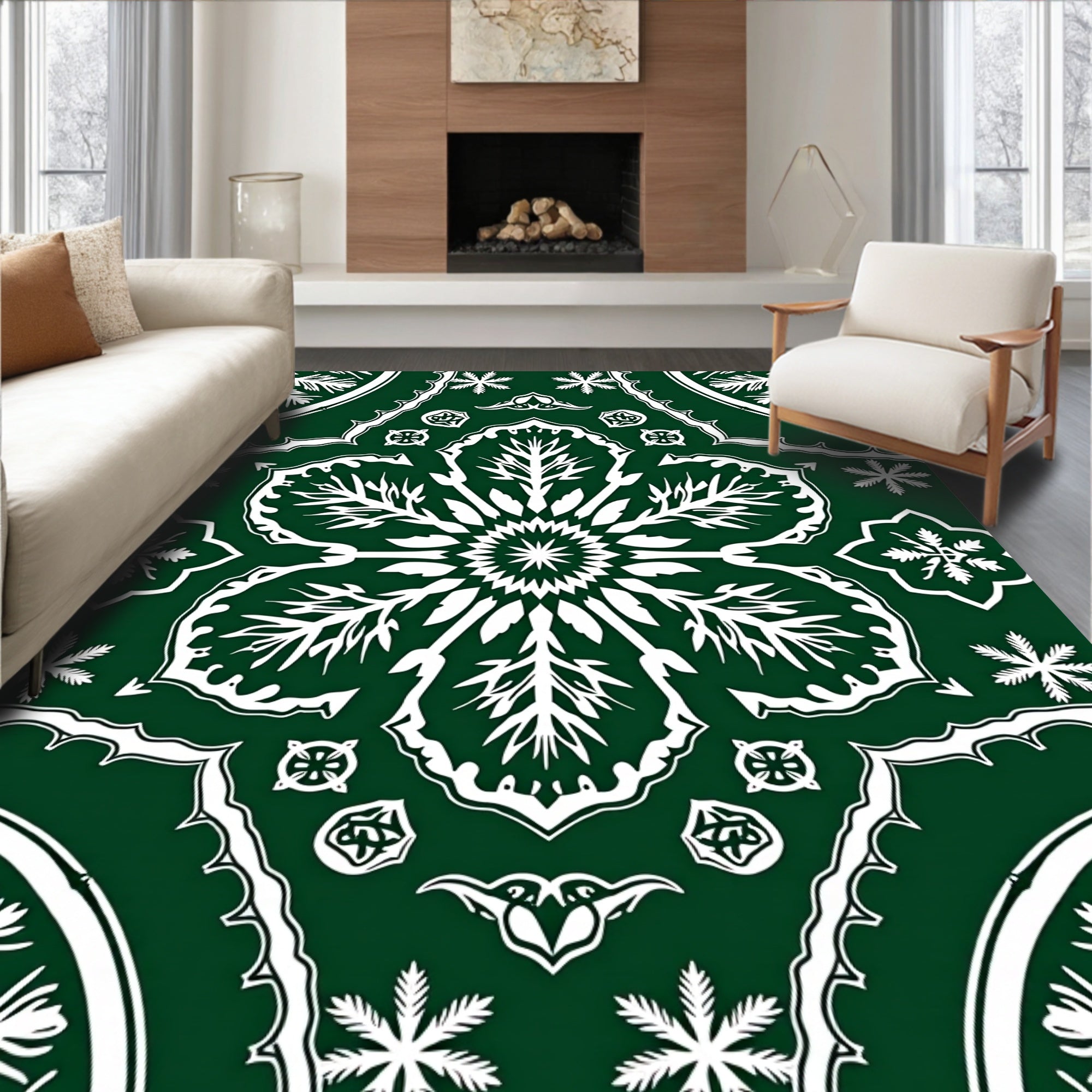 Deep Forest Green Floral Medallion Rug