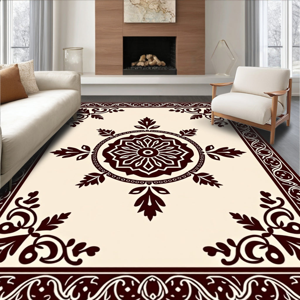 Dark Brown Elegant Floral Medallion Border Rug