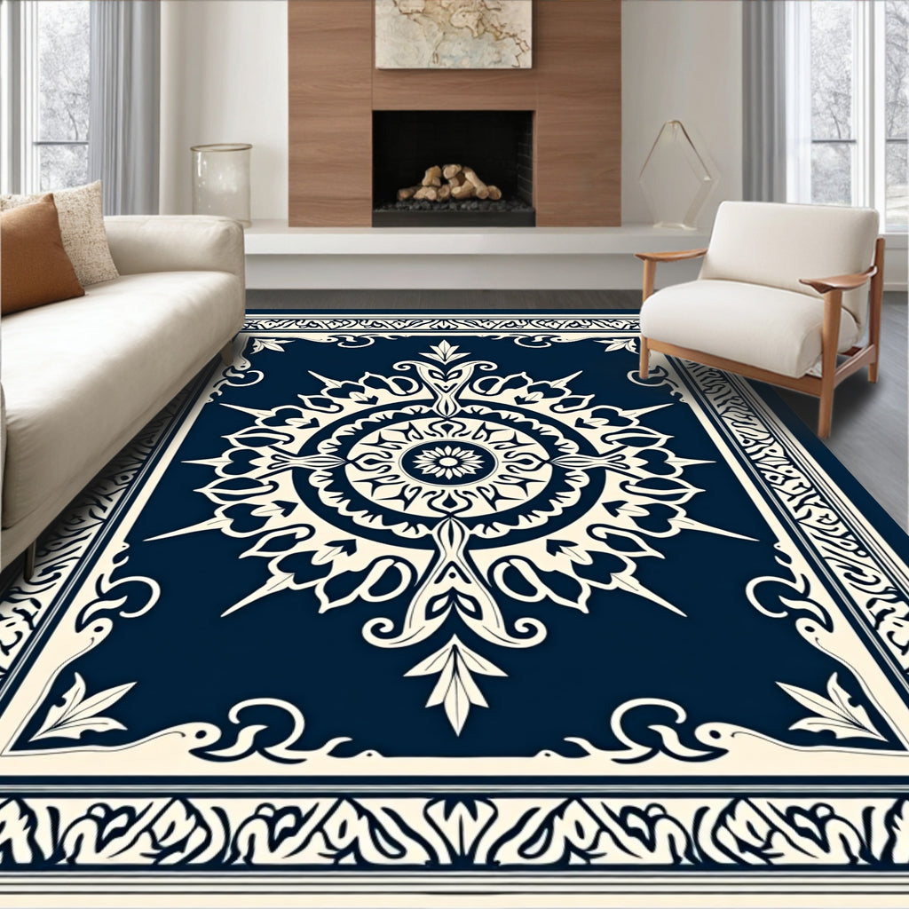 Vintage Indigo Floral Medallion Border Rug