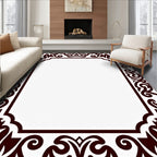 Dark Brown Ornamental Floral Scroll Frame Rug