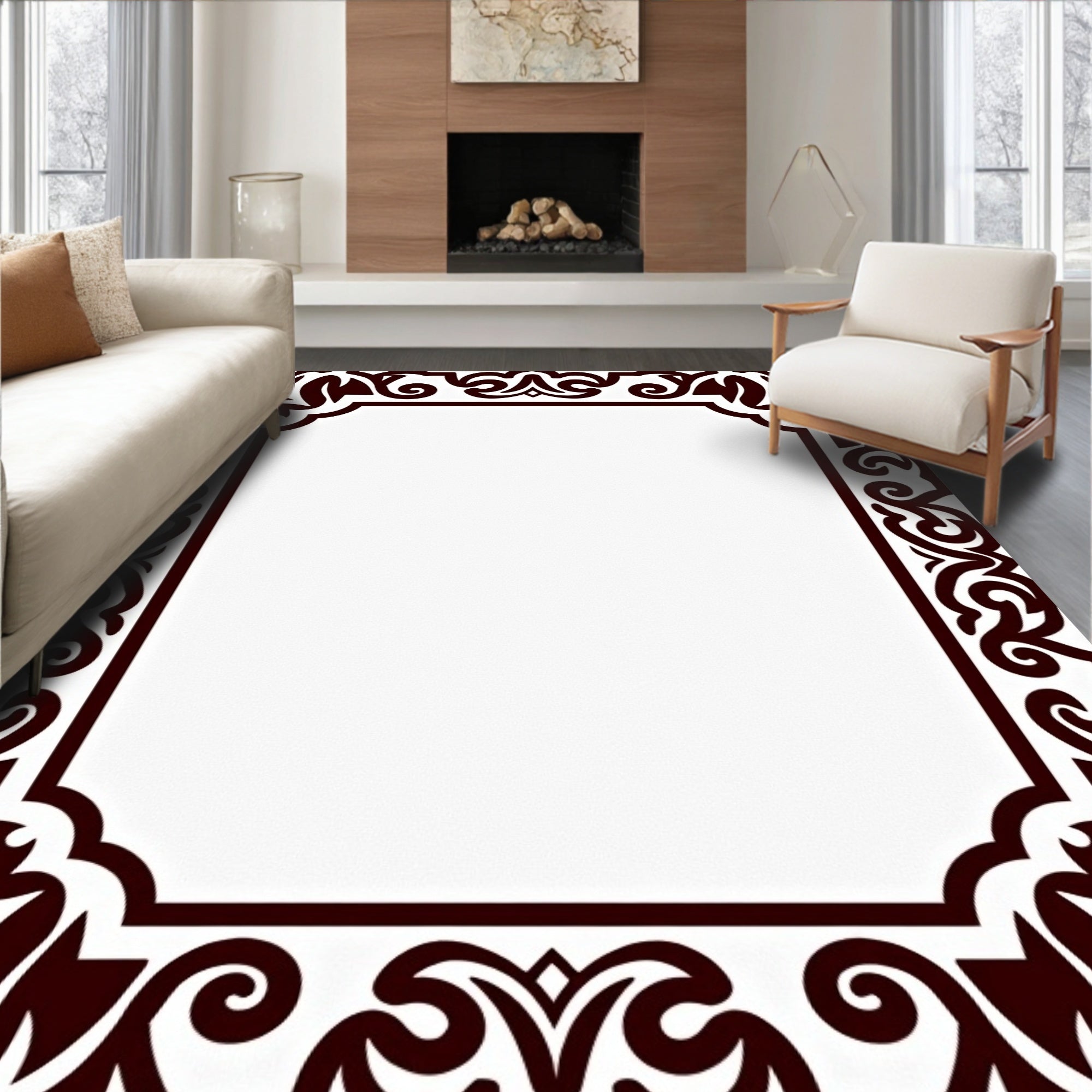Dark Brown Ornamental Floral Scroll Frame Rug
