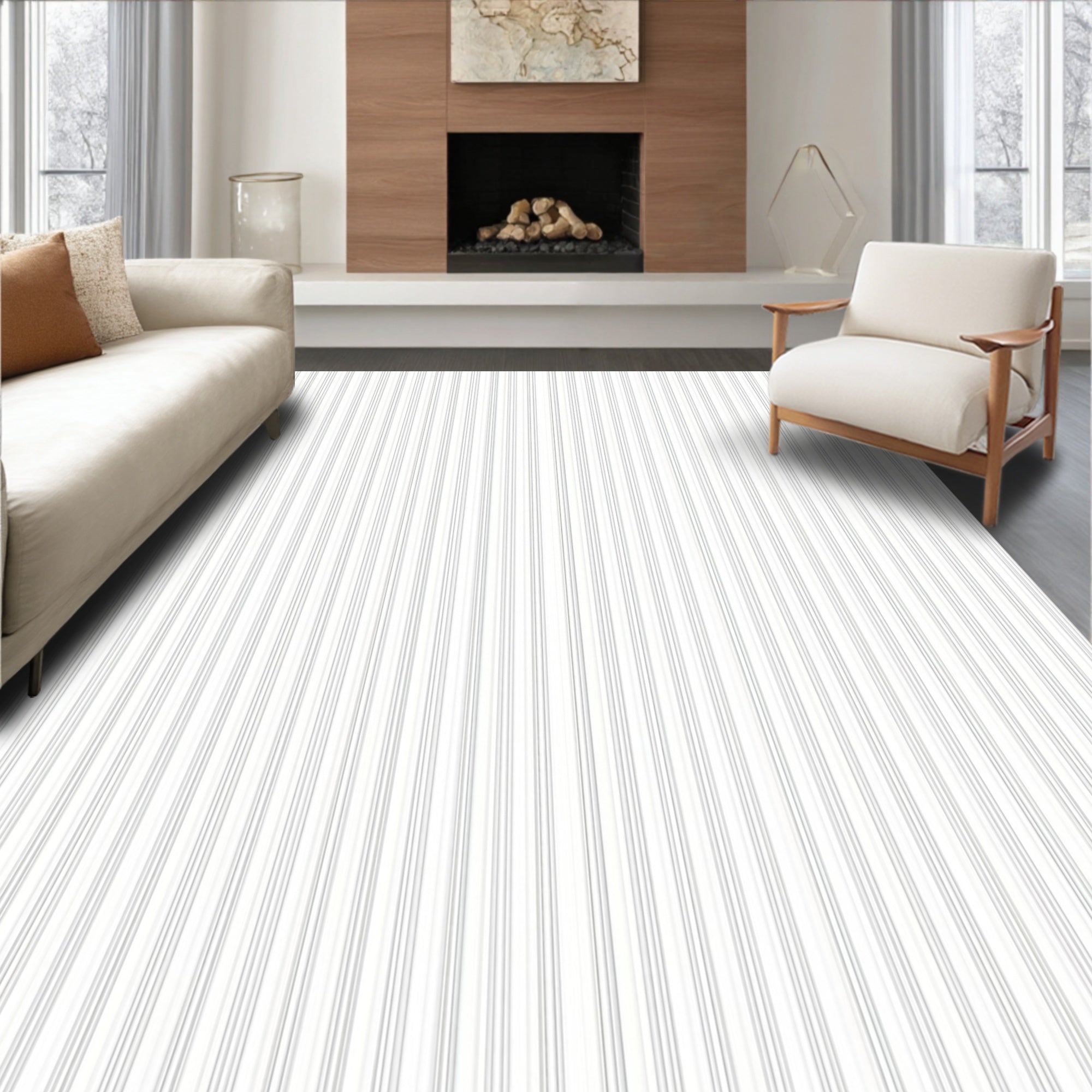 Clean White Pinstripe Texture Rug
