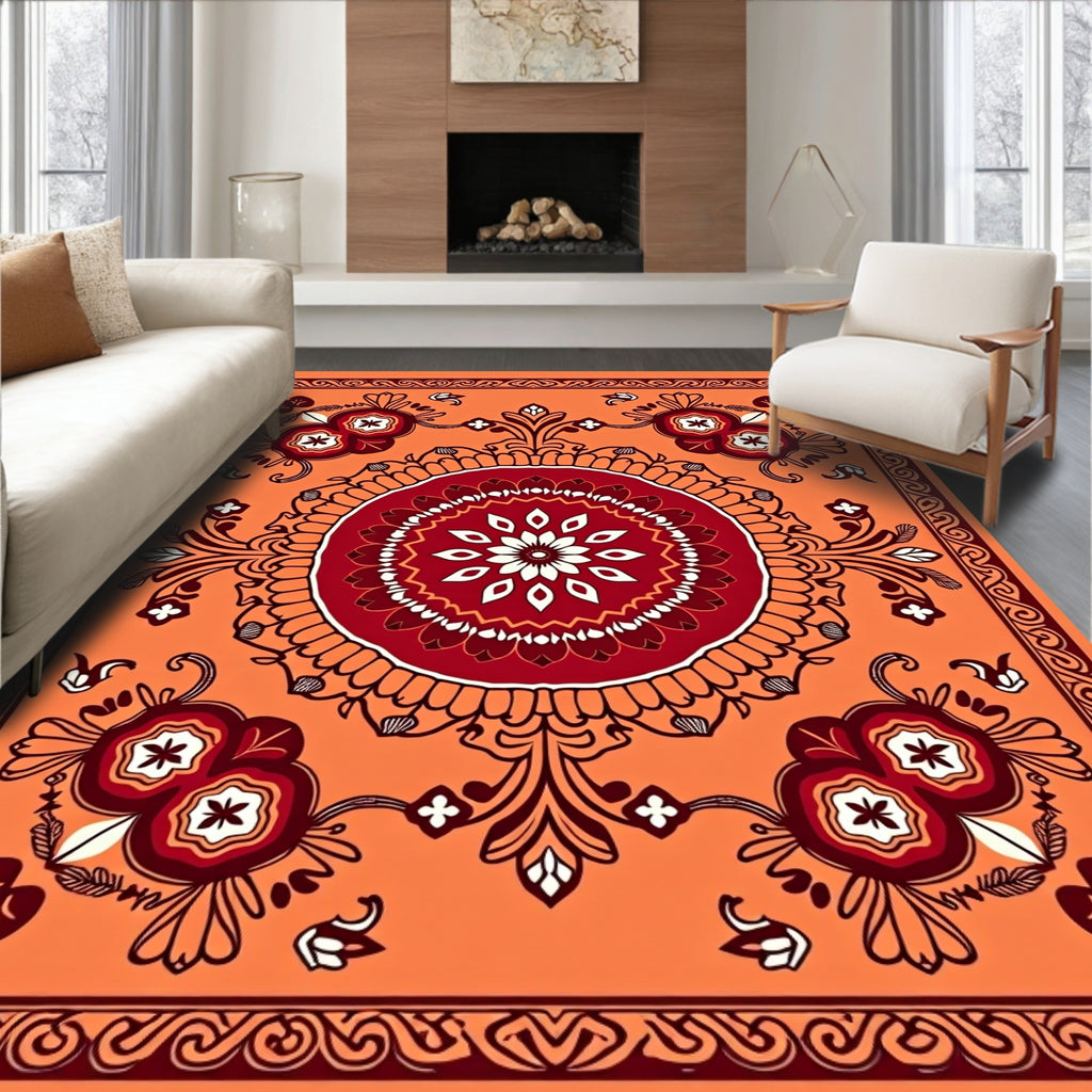 Vibrant Orange Red Floral Medallion Rug