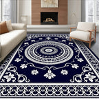Deep Navy White Floral Medallion Rug
