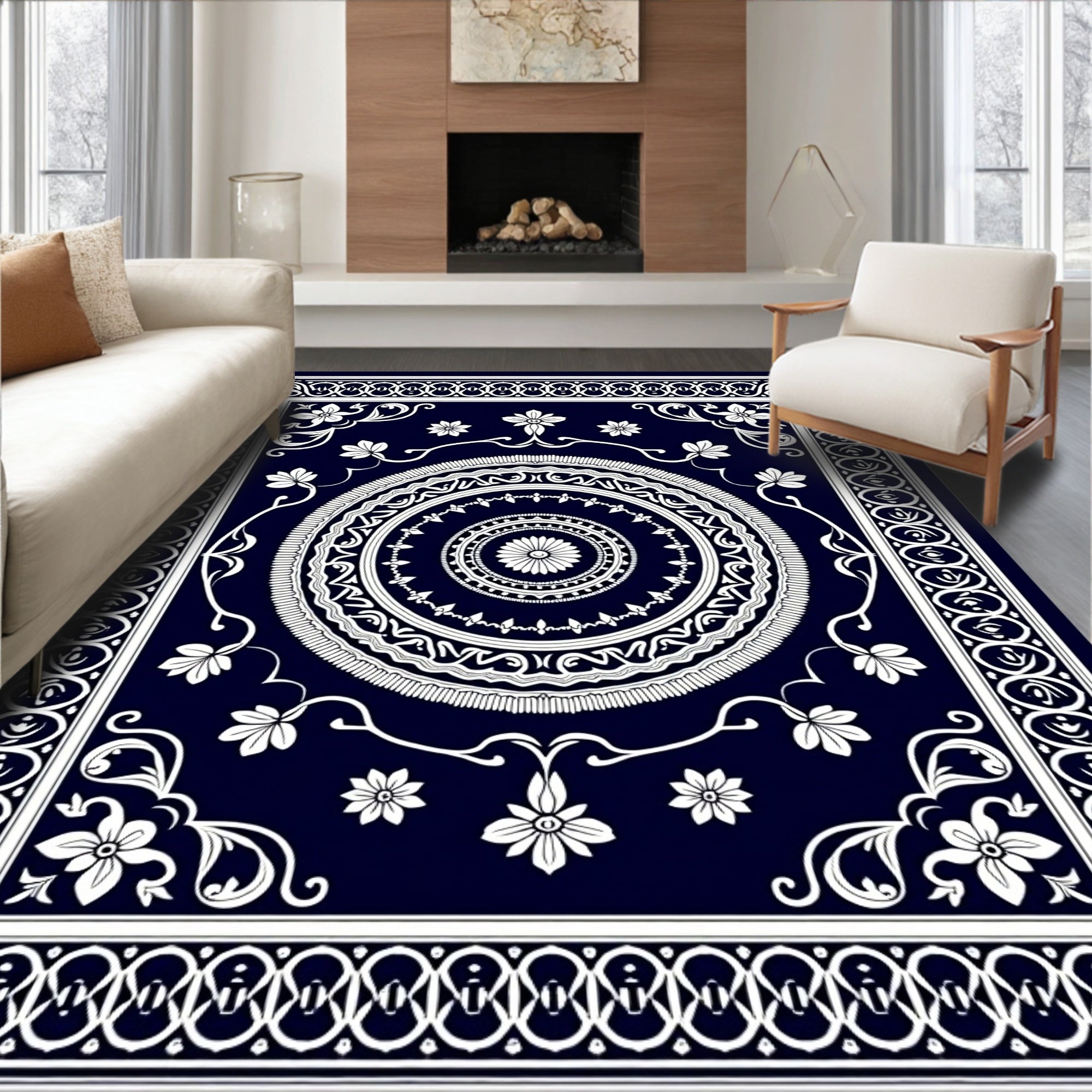 Deep Navy White Floral Medallion Rug