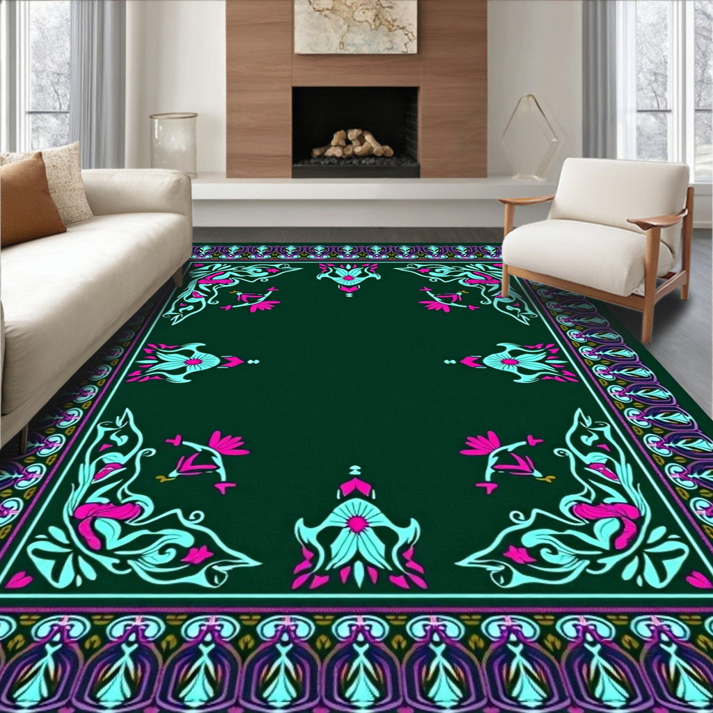 Art Nouveau Teal Pink Floral Frame Rug