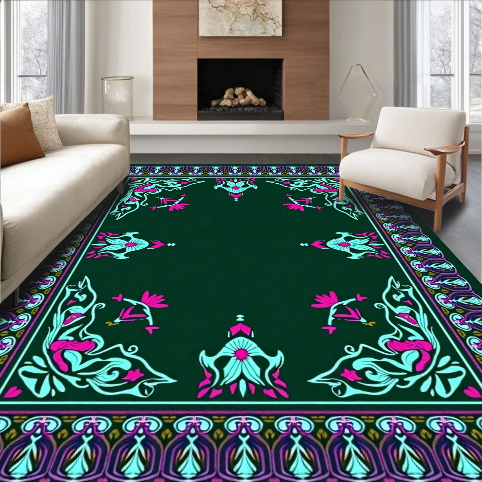 Art Nouveau Teal Pink Floral Frame Rug