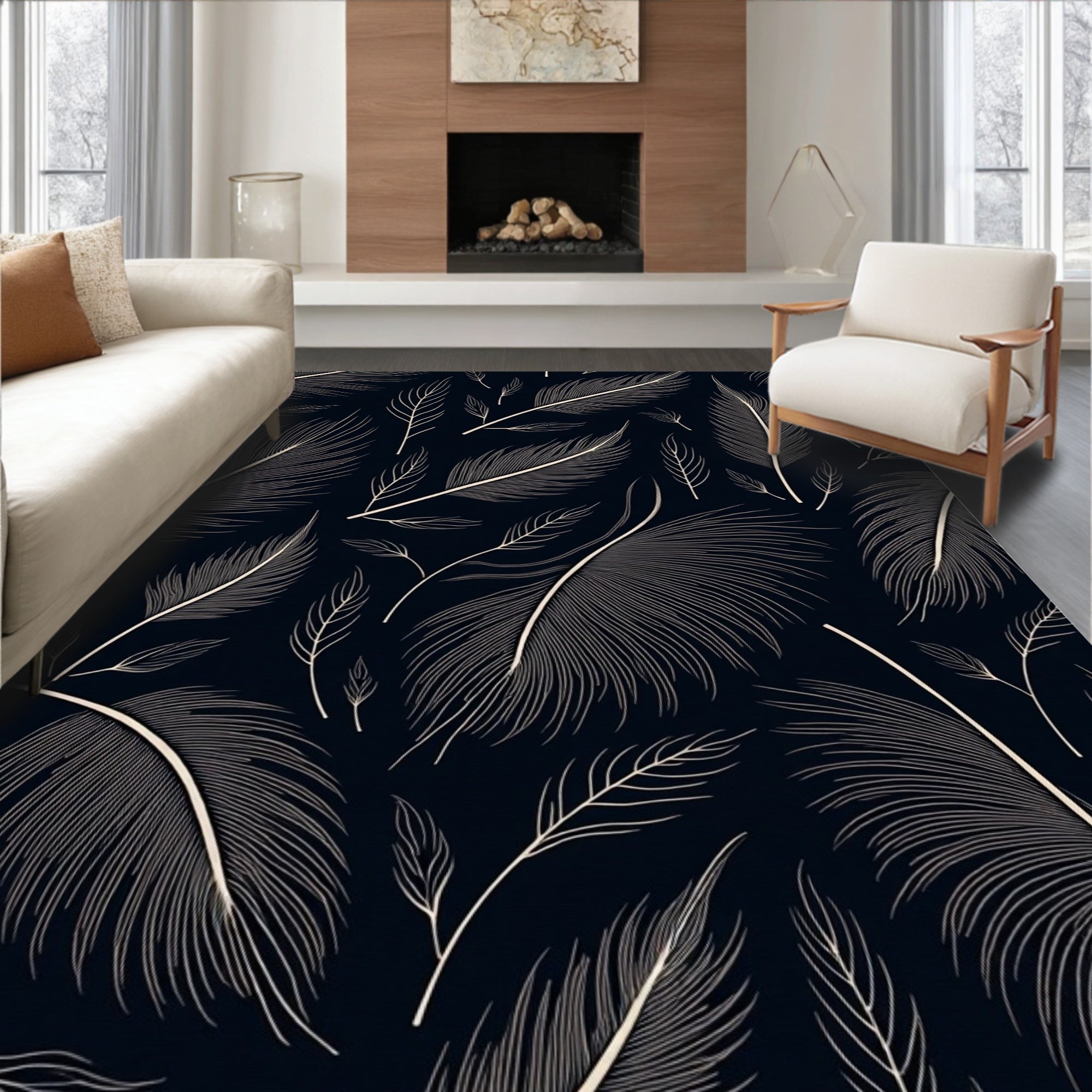 Dark Slate Feather Outline Arrangement Rug