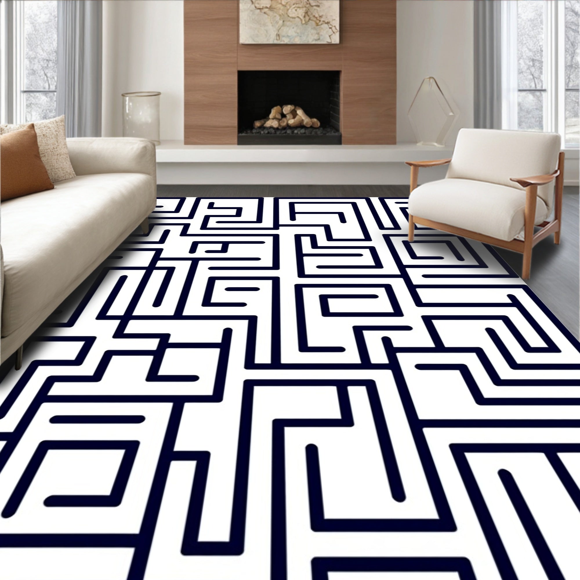Navy White Geometric Labyrinth Rug