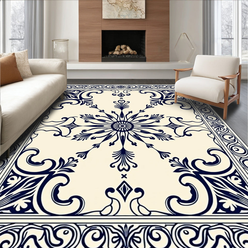 Classic Navy Ivory Floral Medallion Rug