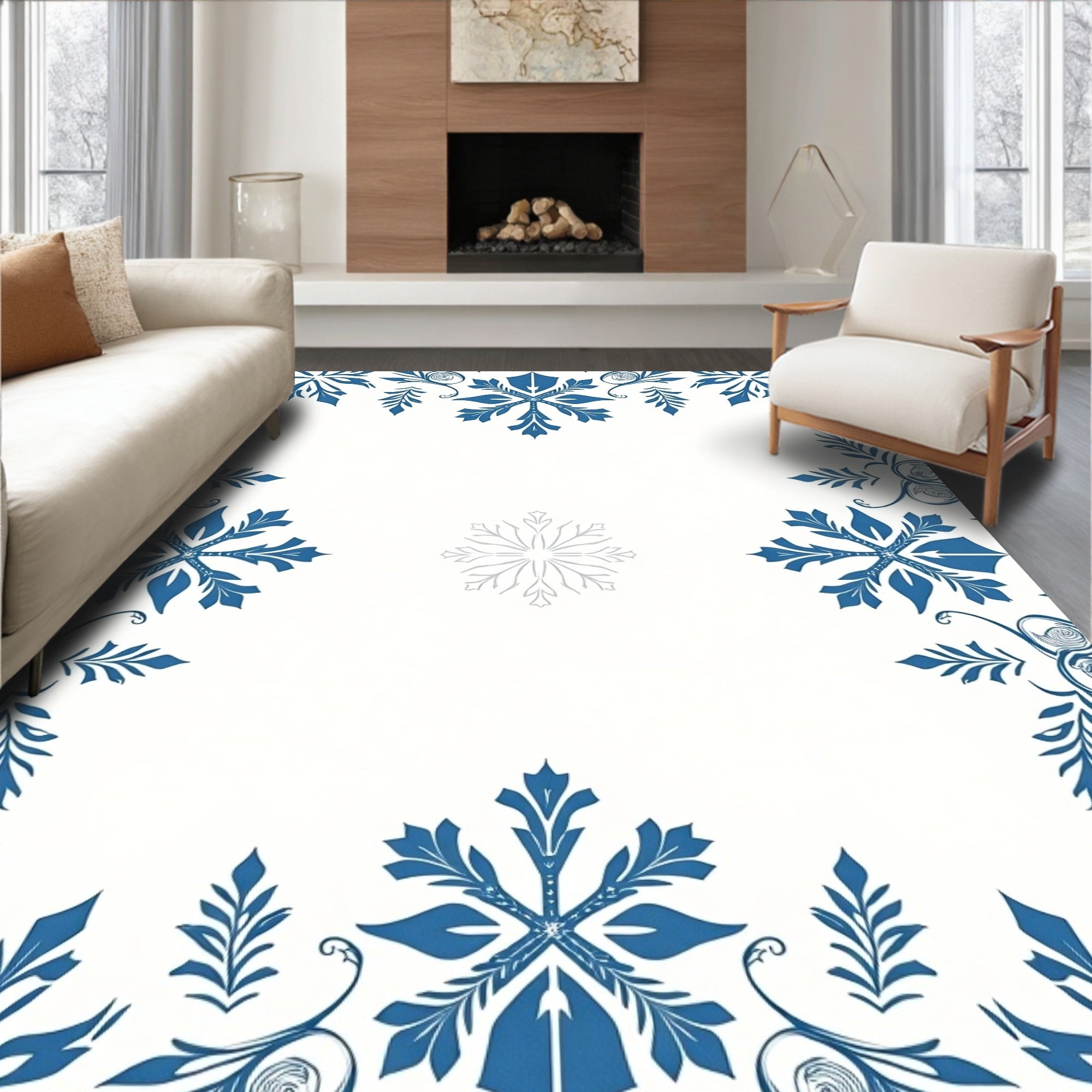 Navy Blue Snowflake Border Accents Rug