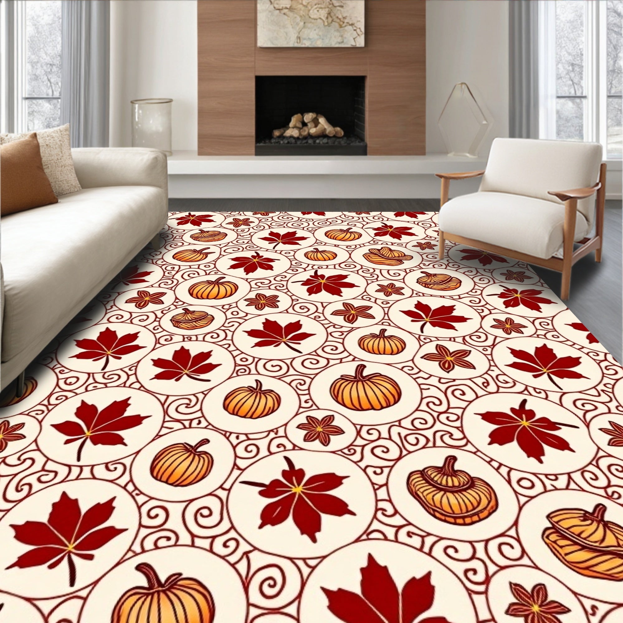 Autumn Maple Leaf Pumpkin Swirl Circles Rug