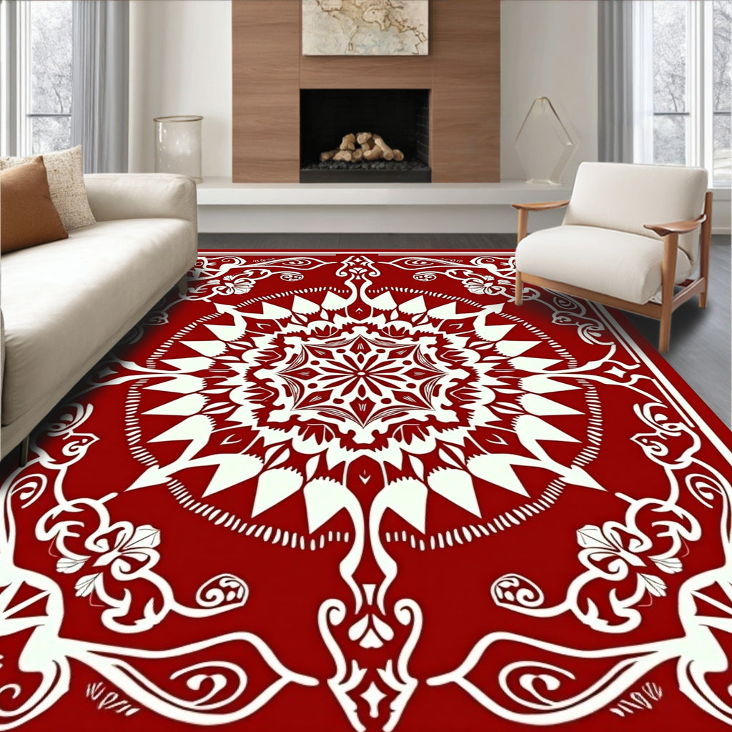 Crimson Cream Symmetrical Floral Medallion Rug