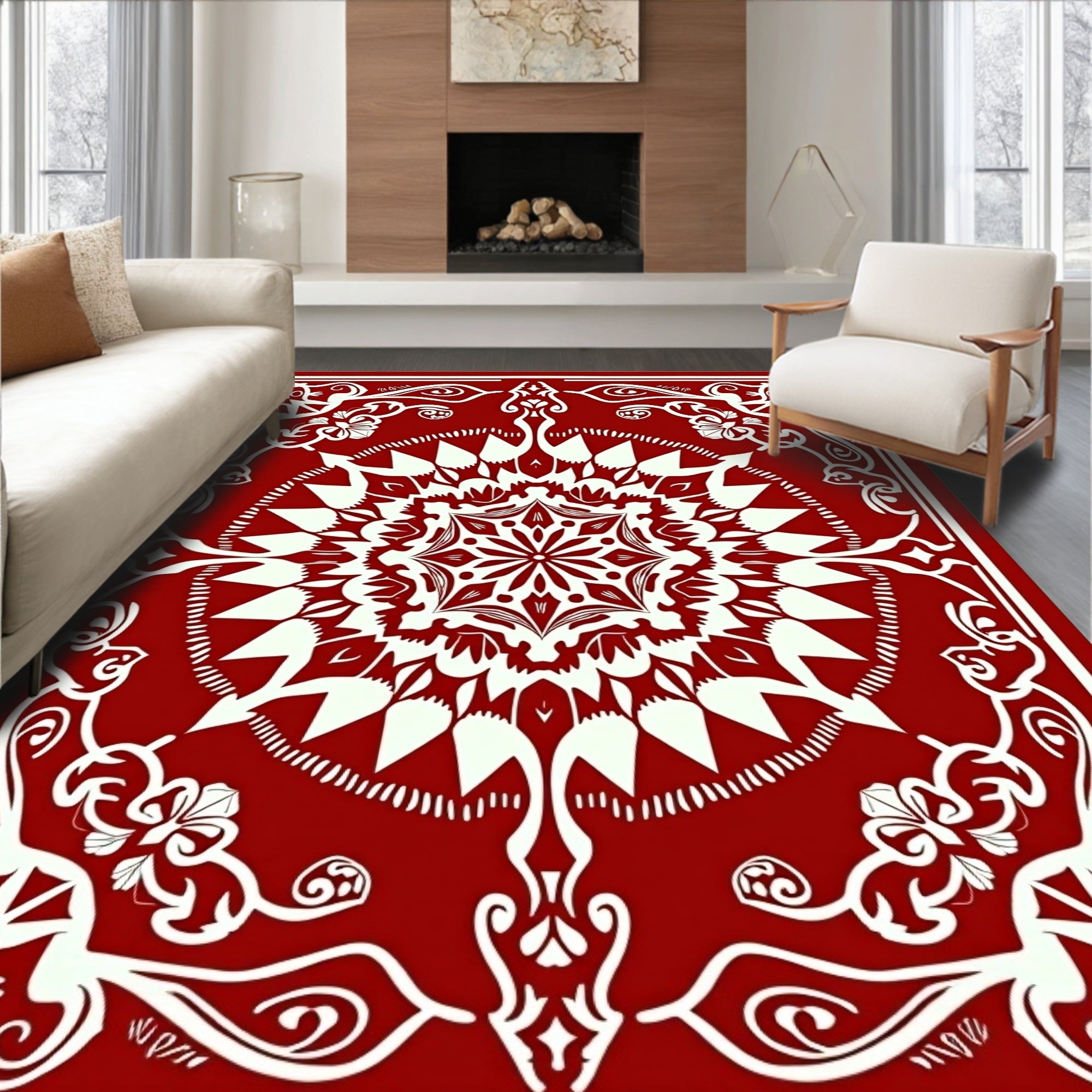 Crimson Cream Symmetrical Floral Medallion Rug