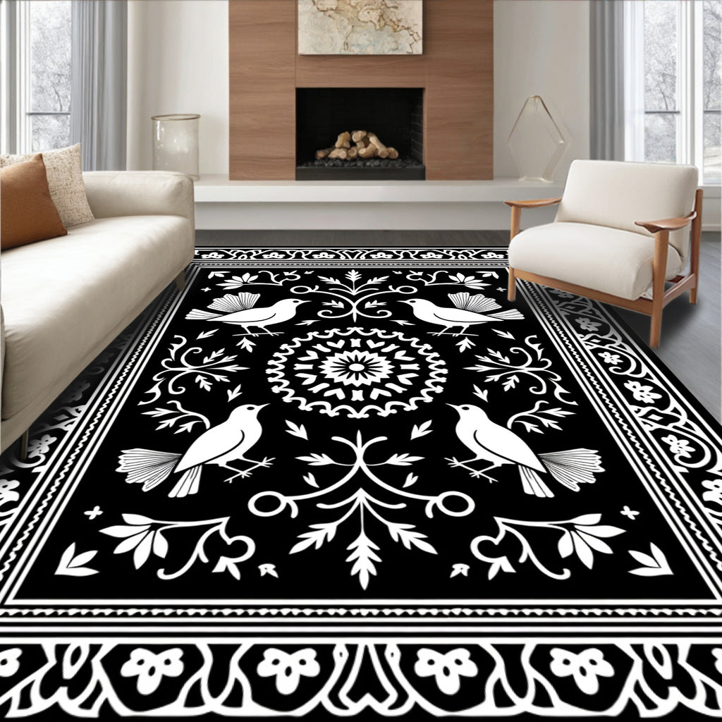Black and White Bird Floral Medallion Rug
