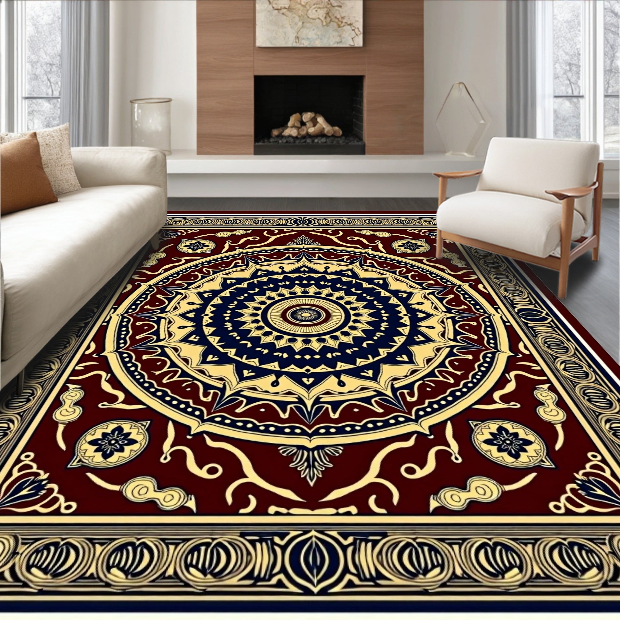 Deep Navy Gold Mandala Medallion Rug