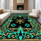 Black Teal Yellow Floral Scroll Rug