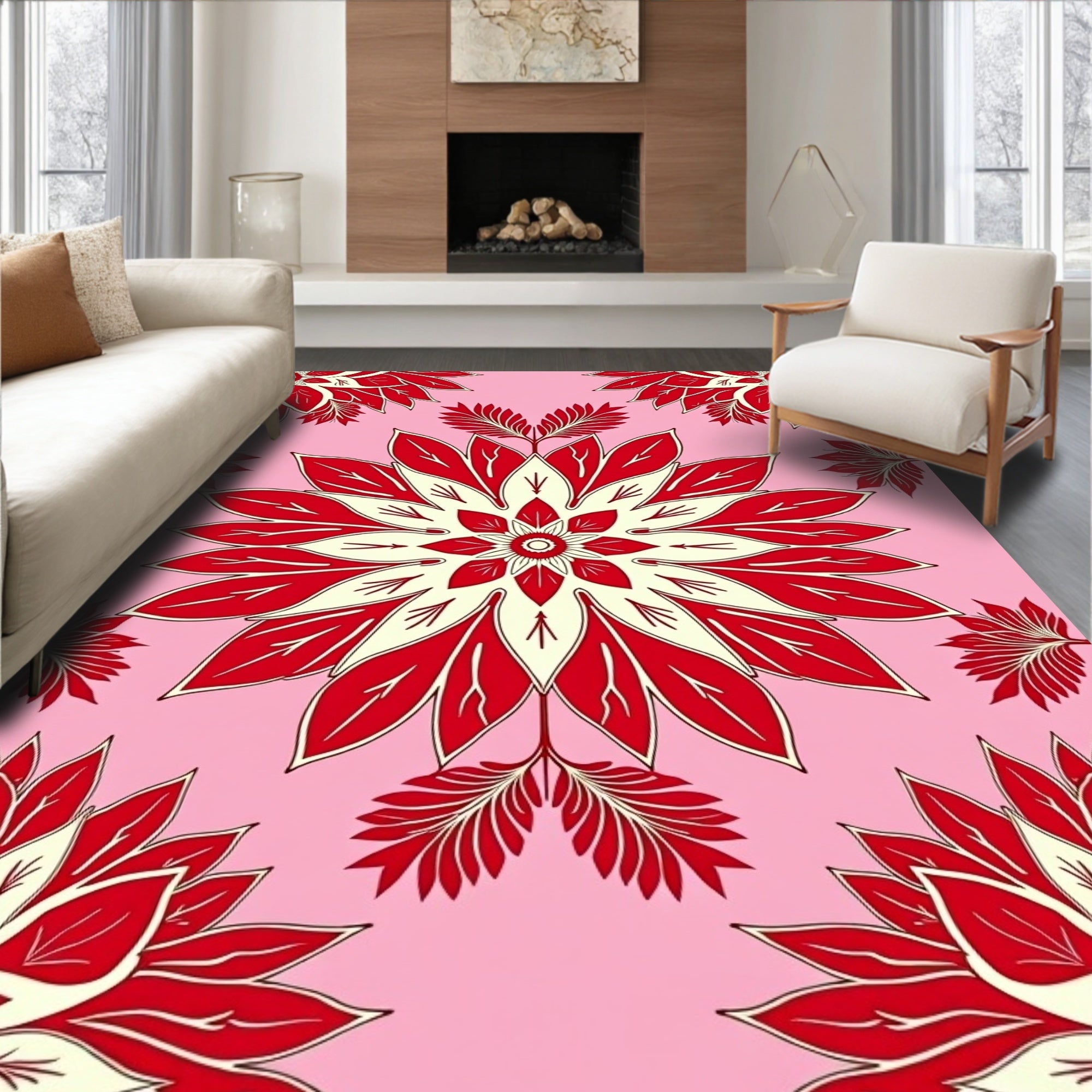 Red Cream Floral Medallion Pink Background Rug