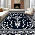 Classic Dark Blue White Floral Medallion Rug