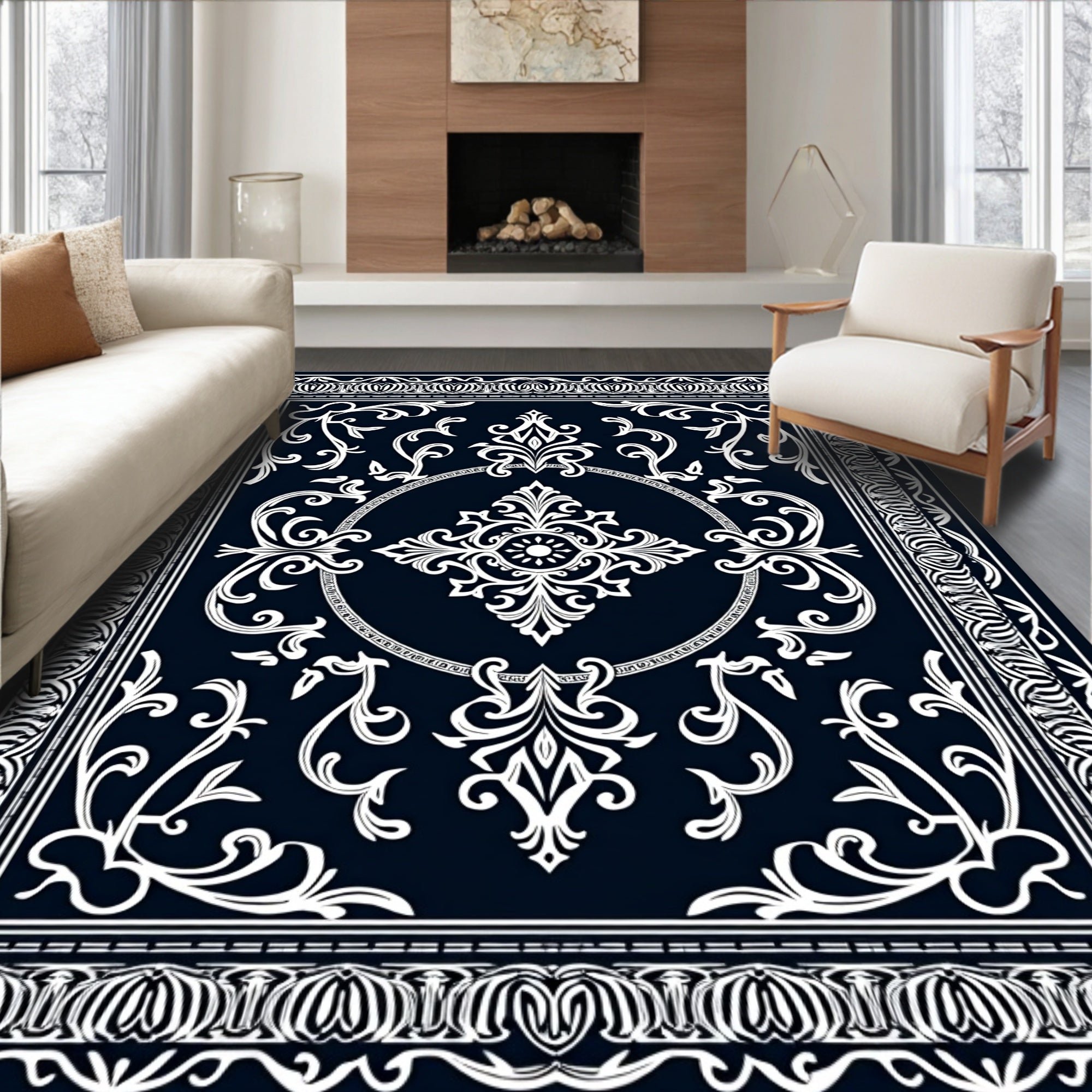 Classic Dark Blue White Floral Medallion Rug