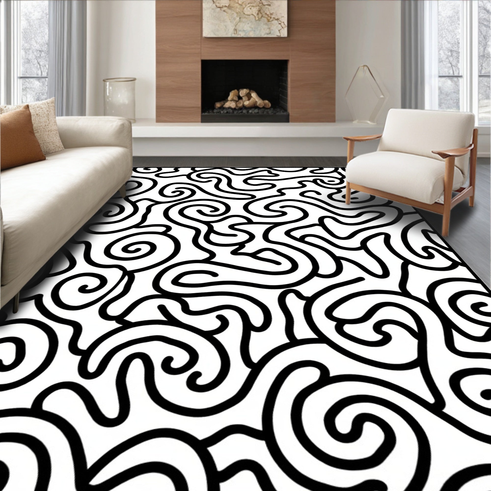 Monochromatic Swirl Line Art Rug