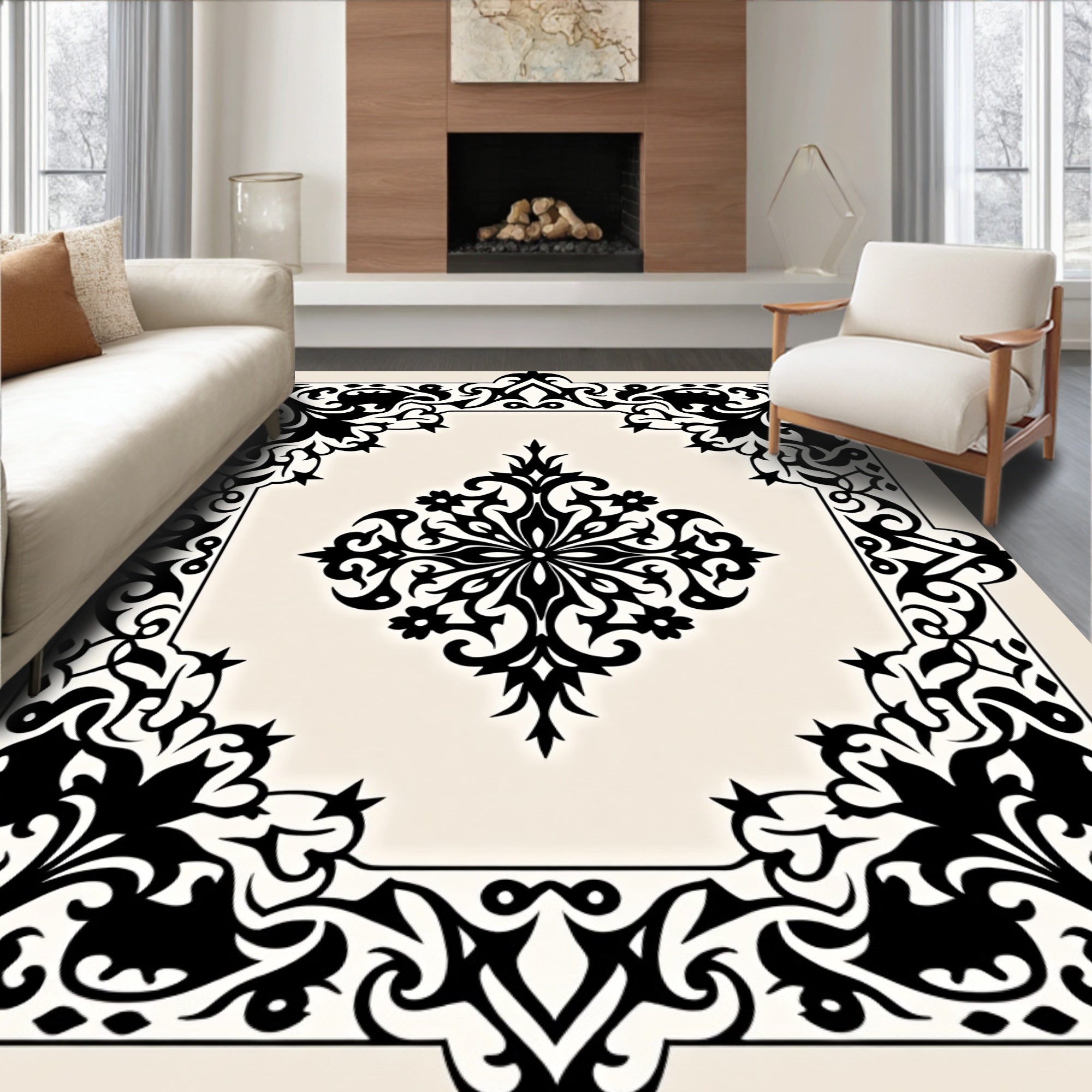 Black Ivory Ornate Scrollwork Garden Rug