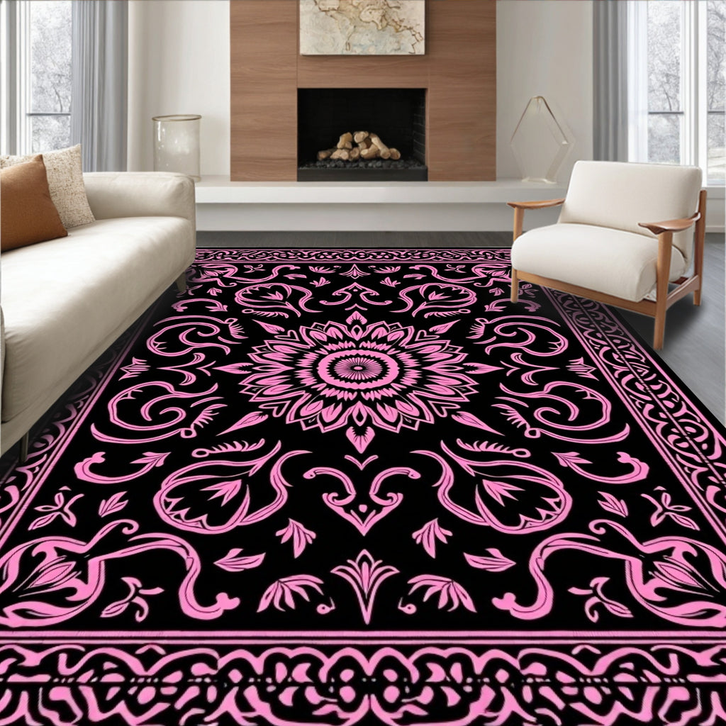 Black Pink Floral Medallion Rug