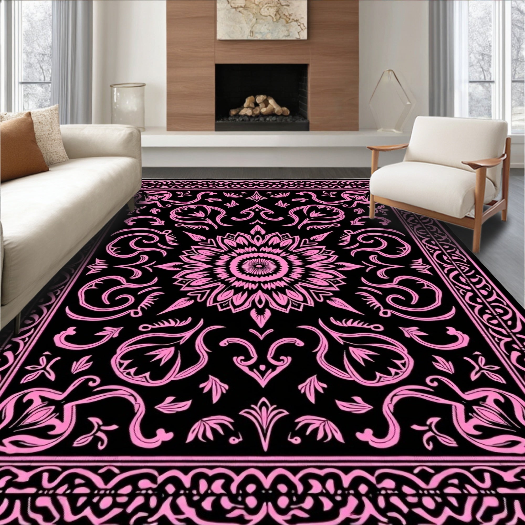 Black Pink Floral Medallion Rug