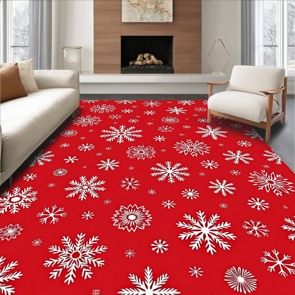 White Snowflake Snowfall Red Background Rug