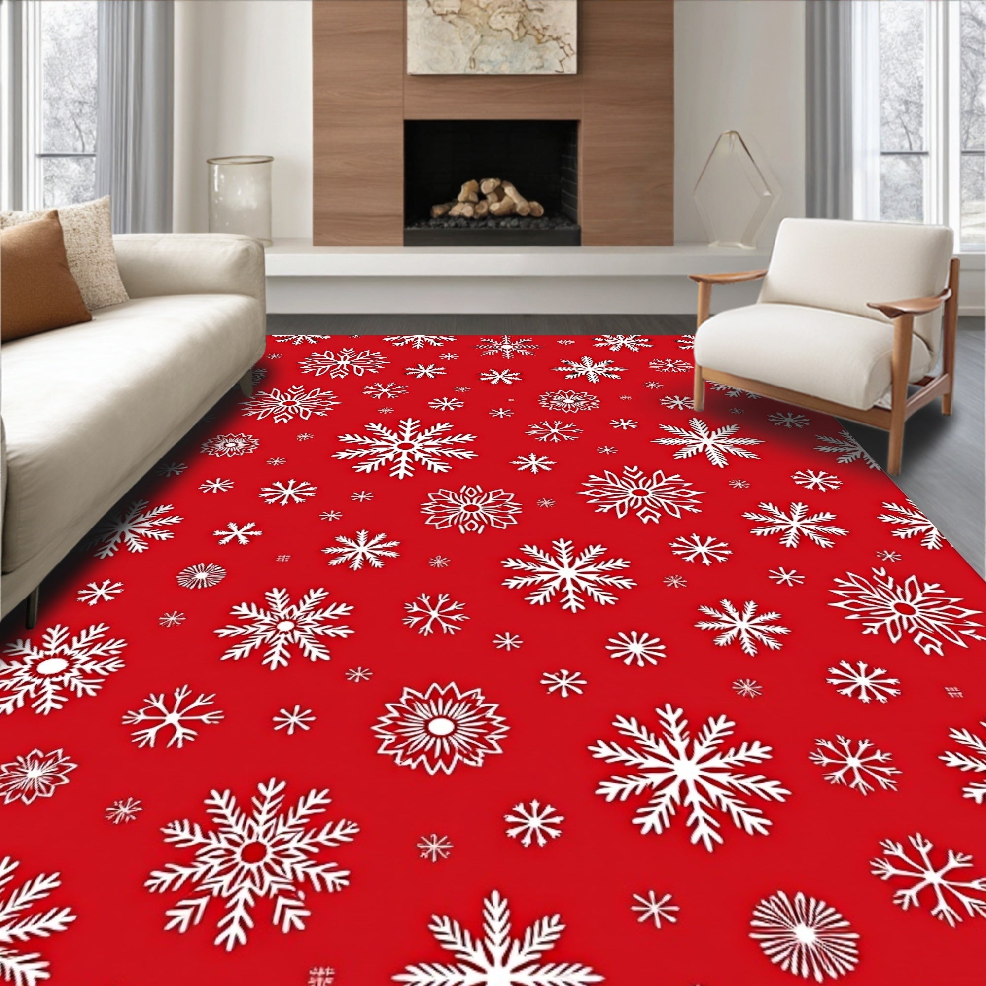 White Snowflake Snowfall Red Background Rug