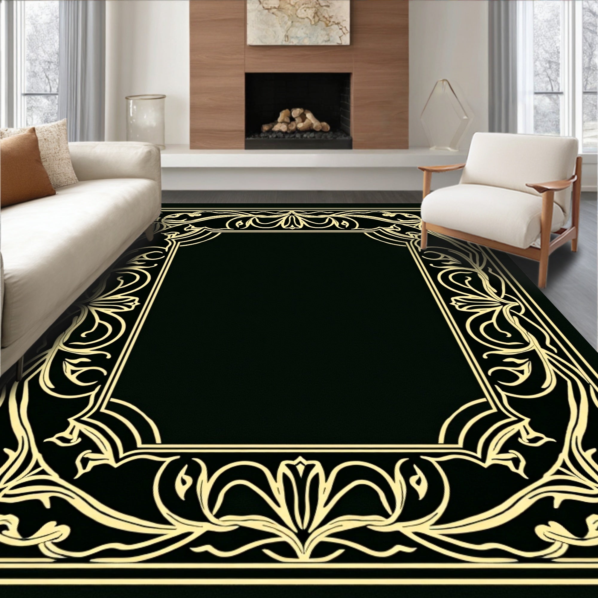 Art Nouveau Gold Floral Border Design Rug