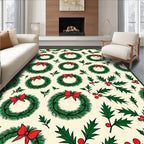 Festive Green Wreath Red Bow Cream Background Rug