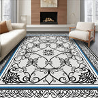 Classic Black White Blue Floral Scroll Rug