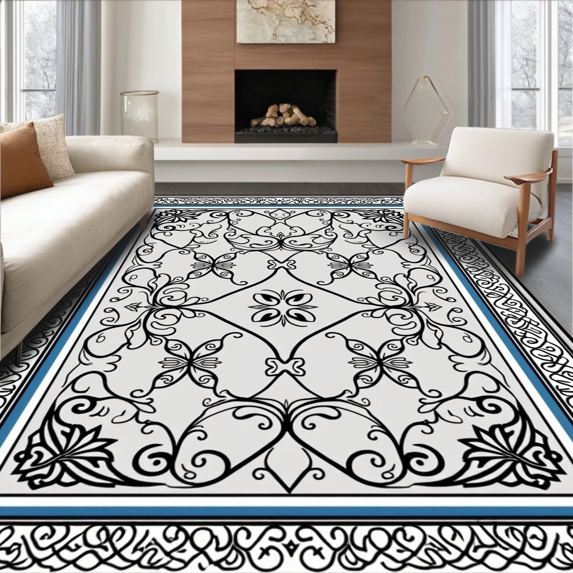 Classic Black White Blue Floral Scroll Rug