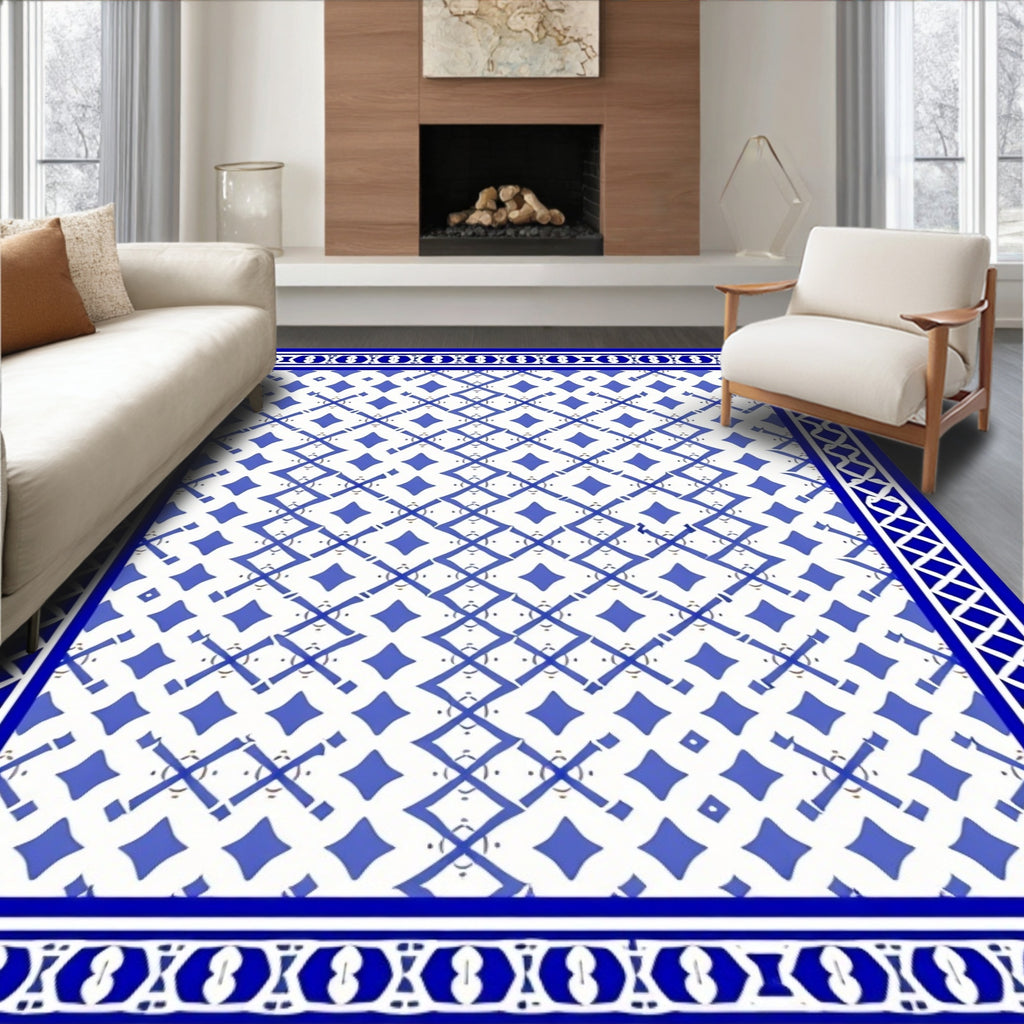 Classic Blue White Geometric Border Rug