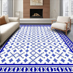Classic Blue White Geometric Border Rug