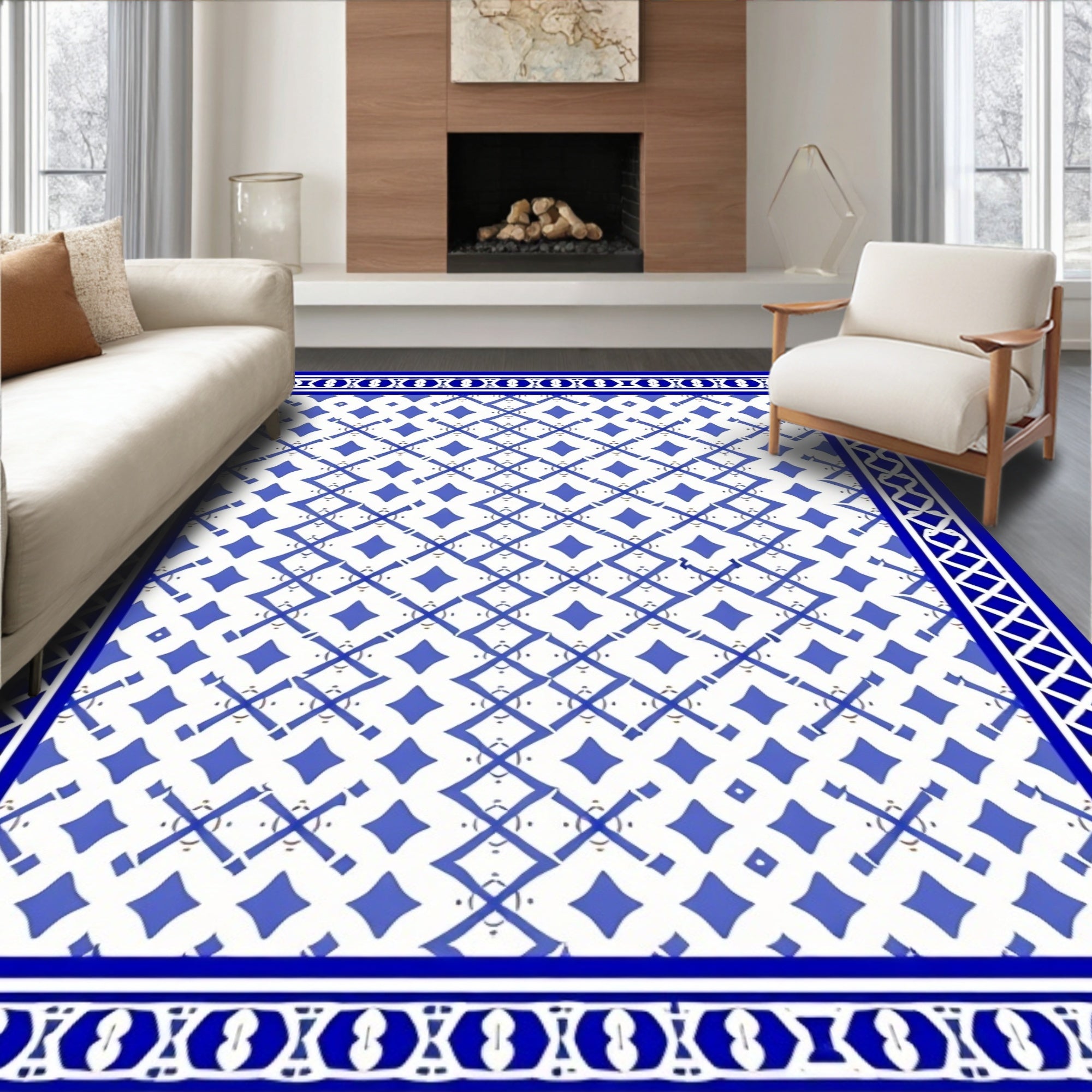 Classic Blue White Geometric Border Rug