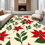 Festive Red Poinsettia Floral Cream Rug