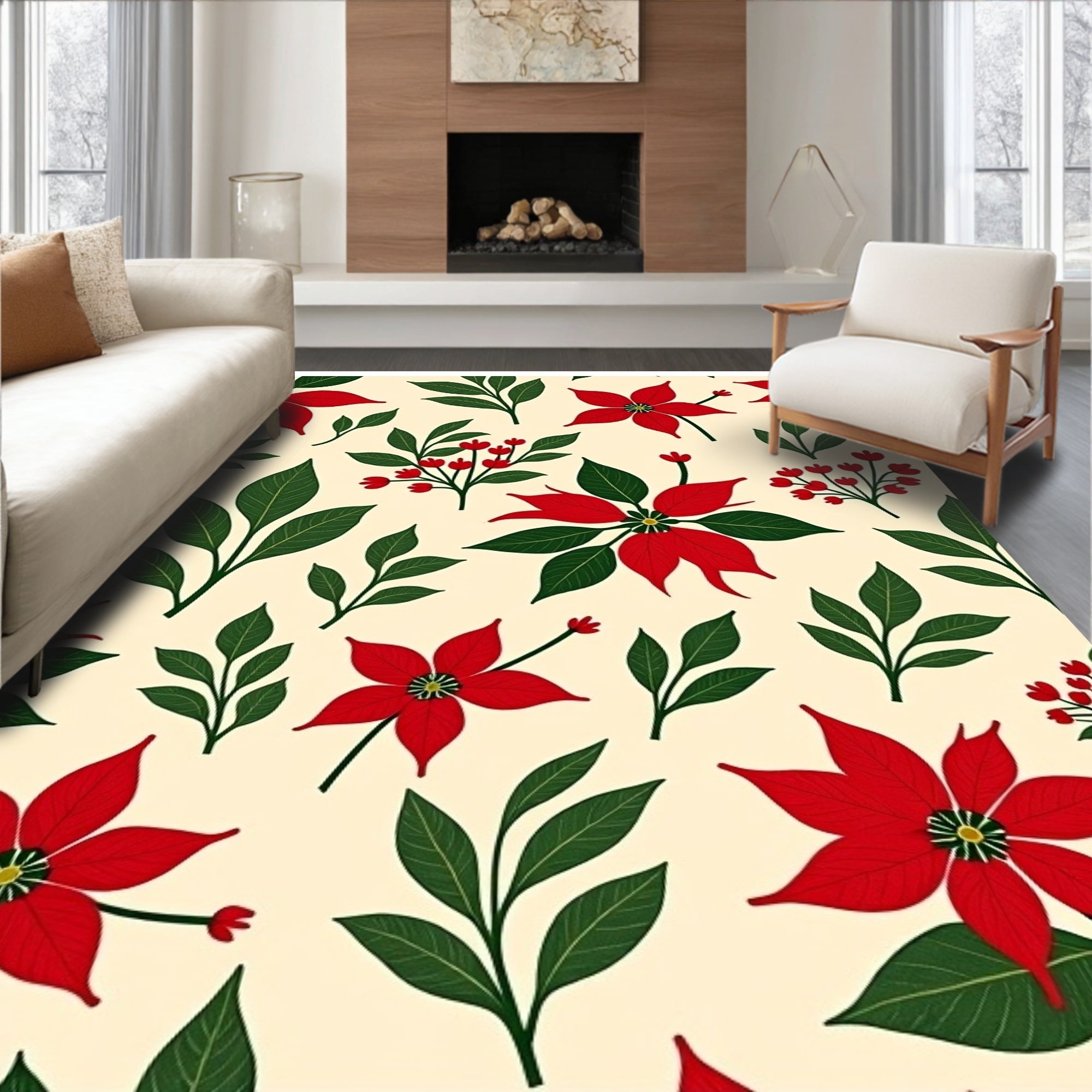 Festive Red Poinsettia Floral Cream Rug
