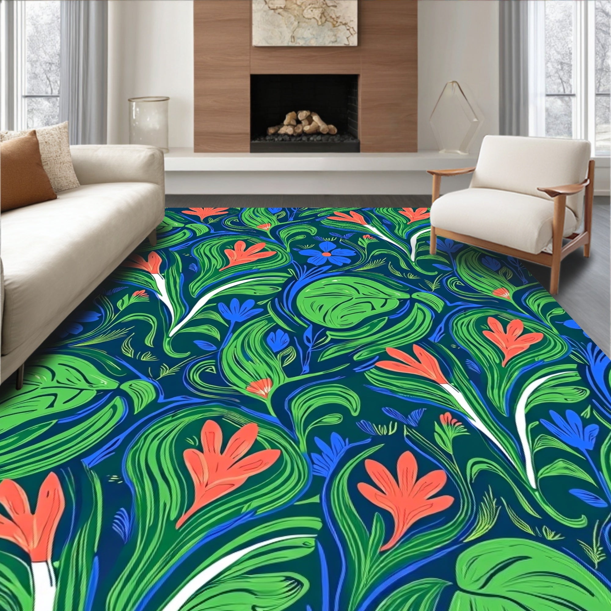 Bold Coral Blue Green Floral Swirls Rug