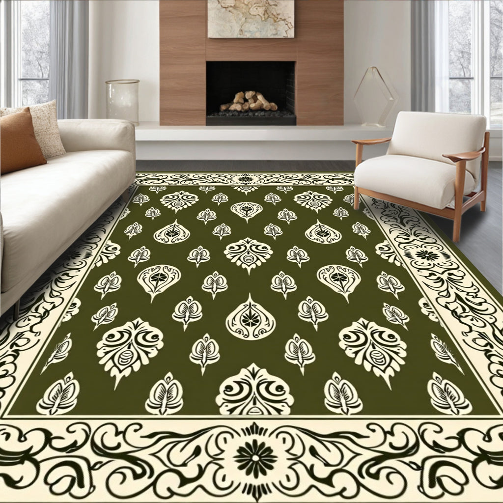 Olive Cream Paisley Scroll Border Rug
