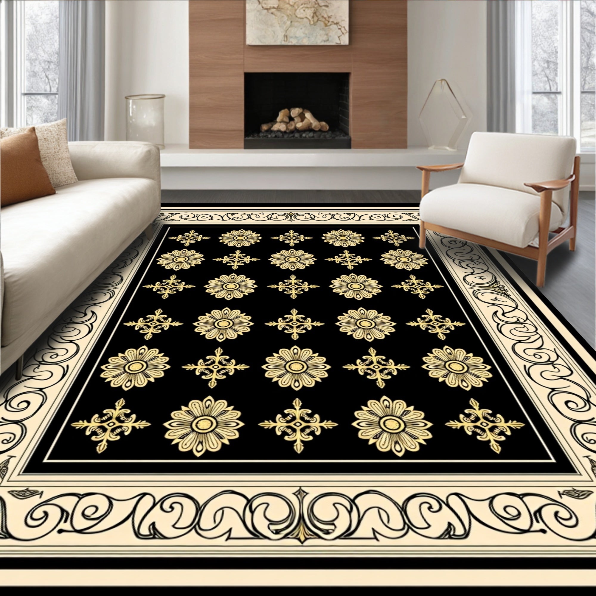 Elegant Black Gold Bloom Scroll Rug