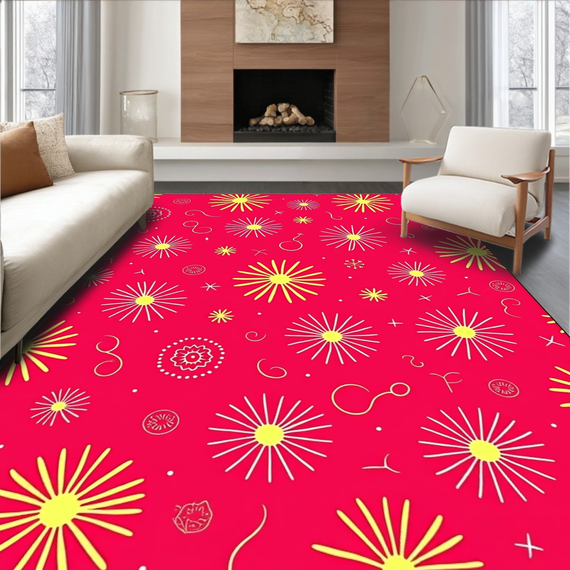 Vibrant Yellow Sunburst Floral Fiesta Rug