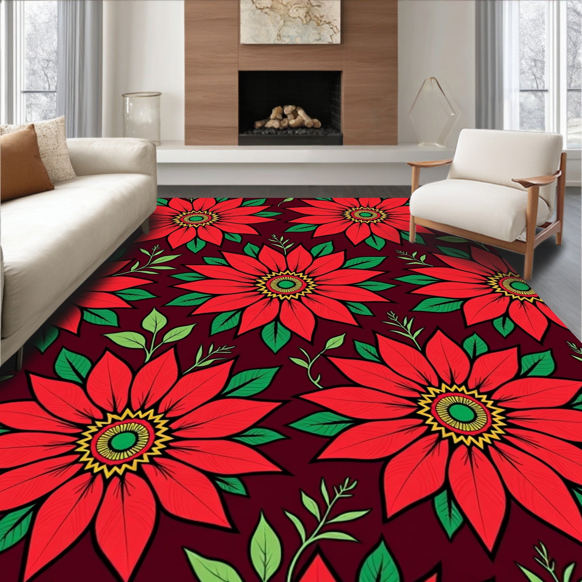 Bold Red Floral Medallion Garden Rug