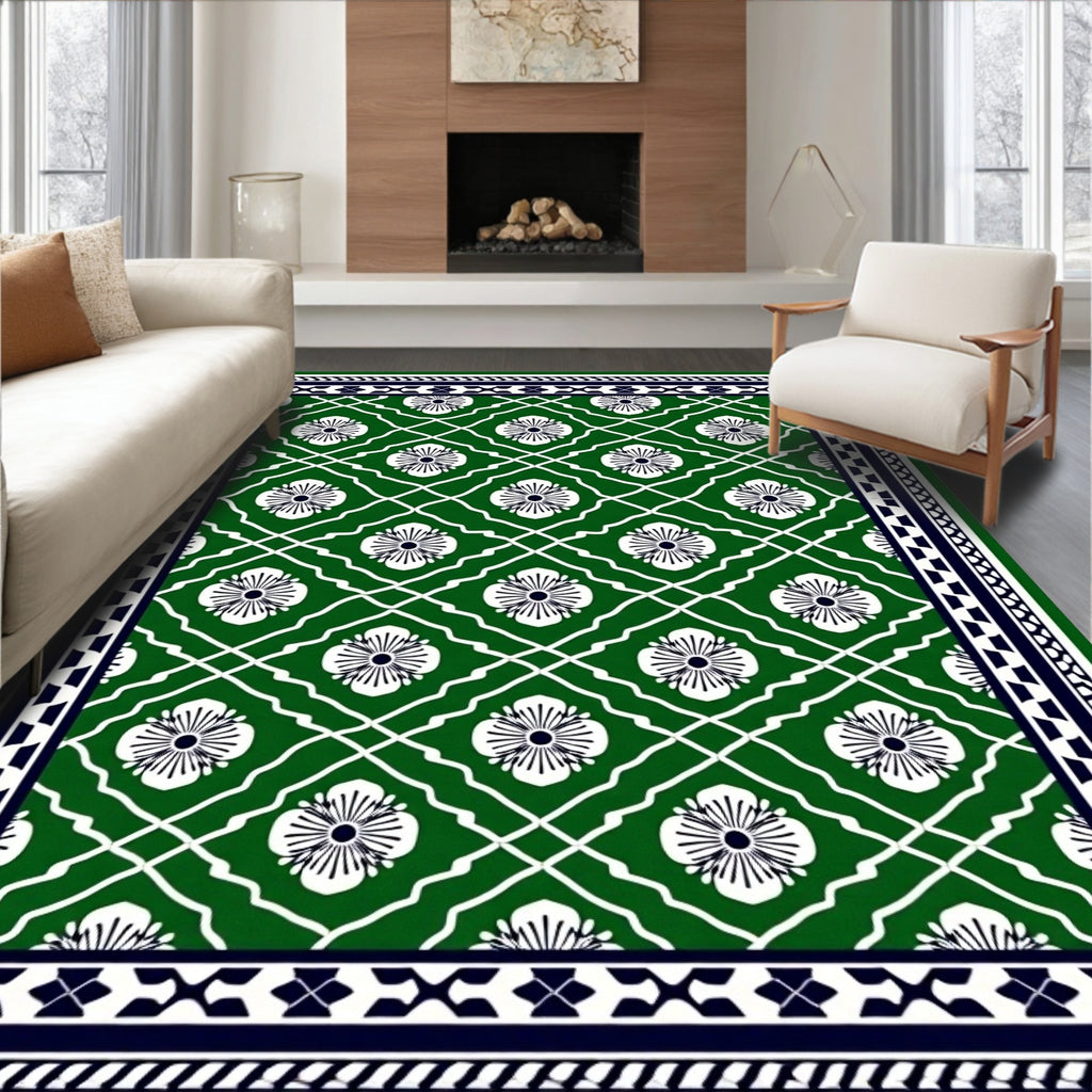 Emerald Green White Floral Lattice Rug