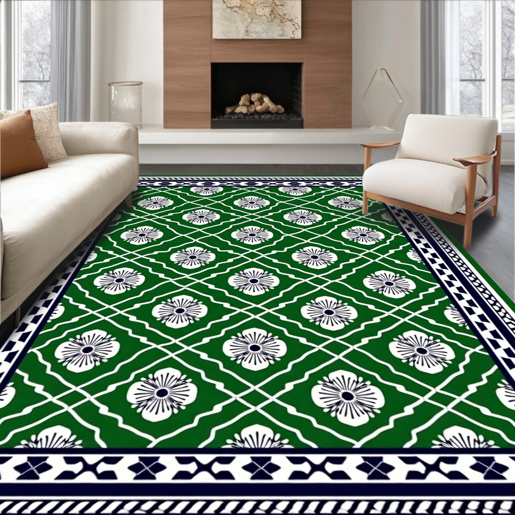 Emerald Green White Floral Lattice Rug