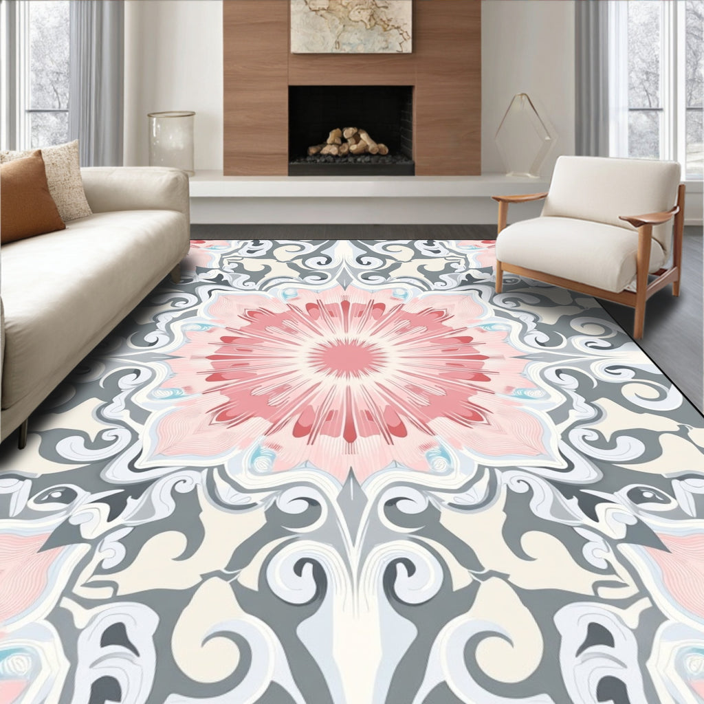 Pastel Pink Radial Floral Medallion Rug