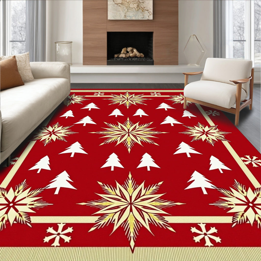Red and Gold Snowflake Tree Medallion Rug